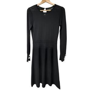 NWT Nicole Miller Fit & Flare Black Long Sleeve Dress Pearl Accents Size Small